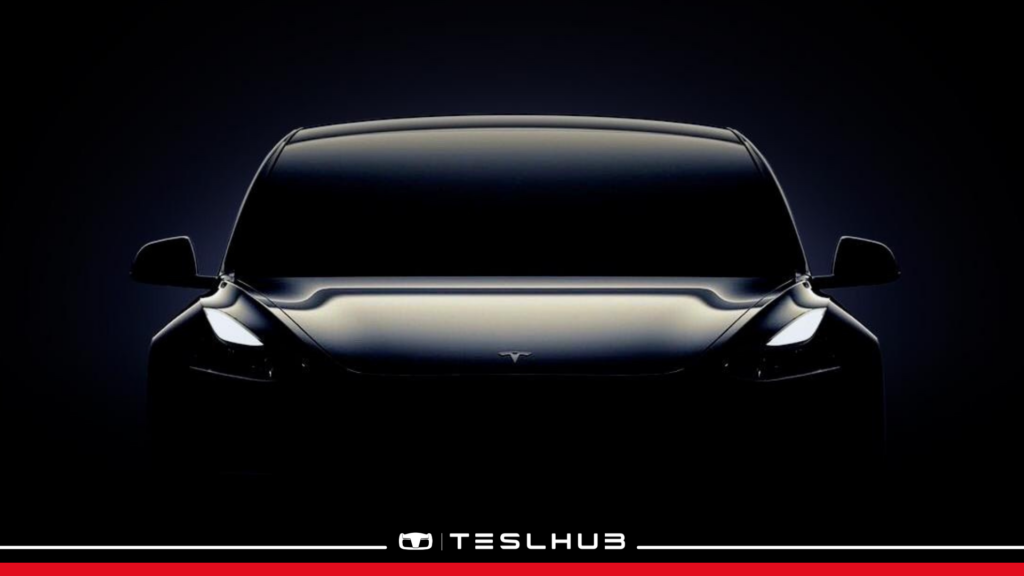 Immagine della nuova Tesla in arrivo su sfondo scuro