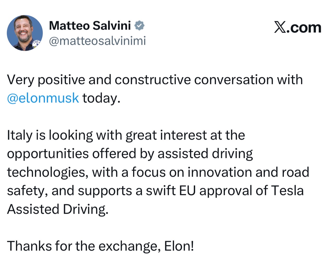 Screenshot del post di Matteo Salvini su X del 29 ottobre 2026 sul Tesla Assisted Driving