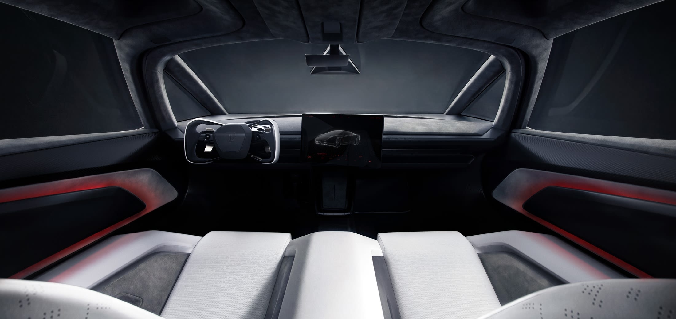 Abitacolo Tesla Roadster con sedili Ultrawhite, volante yoke e display centrale