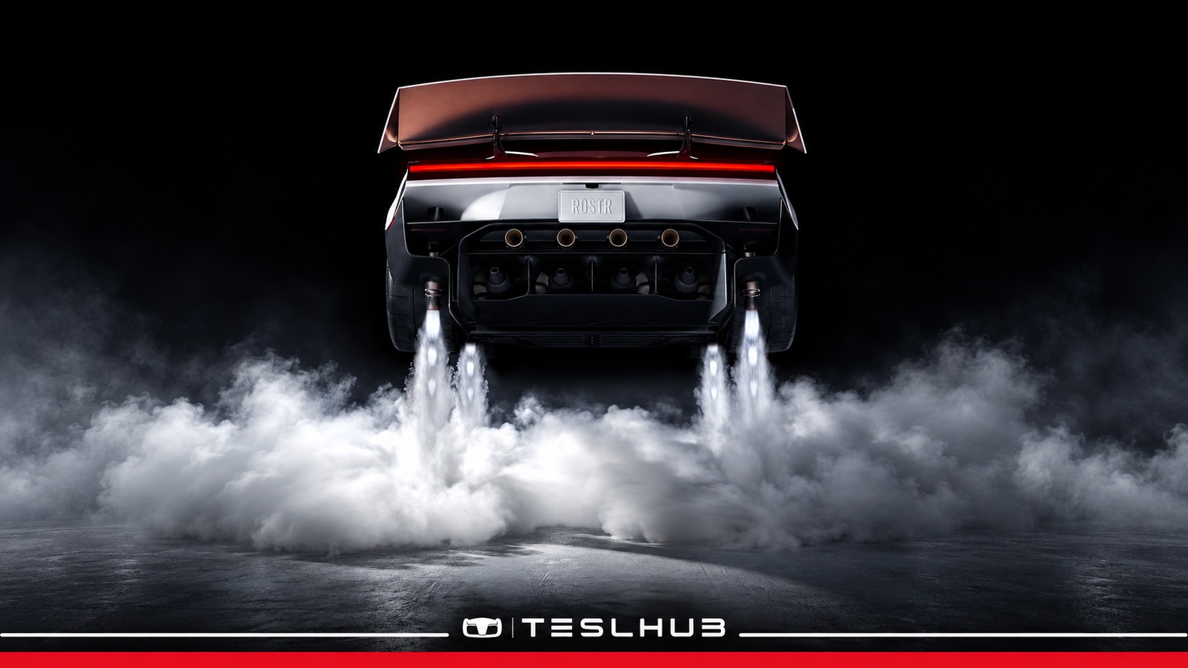 Tesla Roadster vista da dietro sospesa sopra i getti dei propulsori