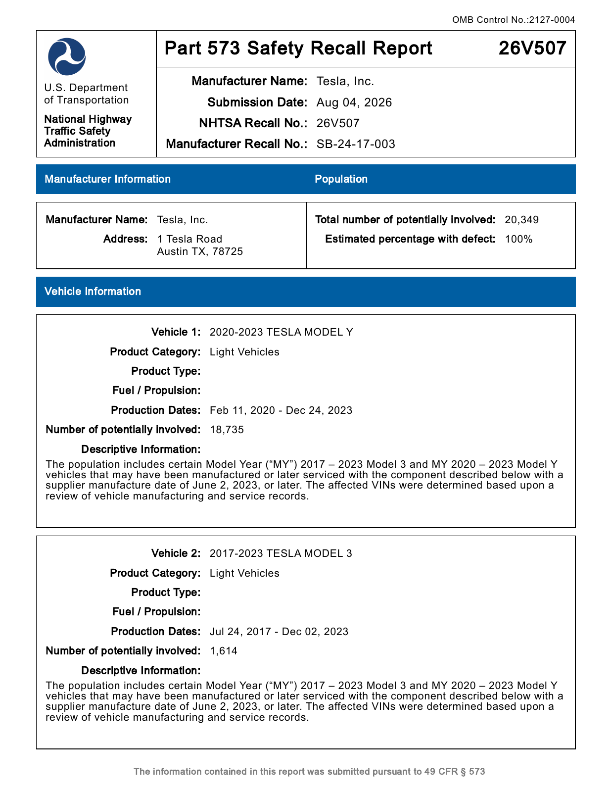 Richiamo fari Tesla 26V507: prima pagina del rapporto NHTSA del 4 agosto 2026