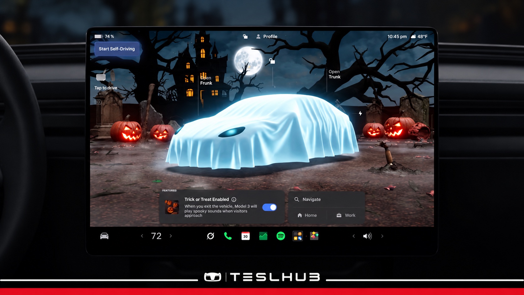 Modalità Halloween Tesla con auto fantasma sul display e fascia Teslhub