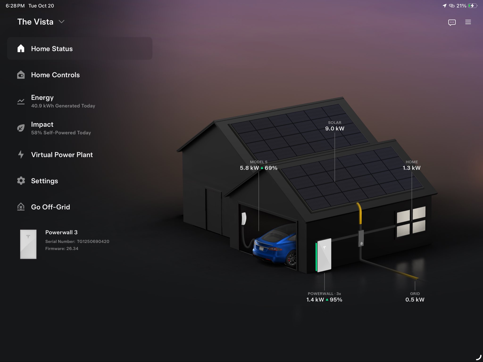 App Tesla su tablet: casa Powerwall e flussi energetici