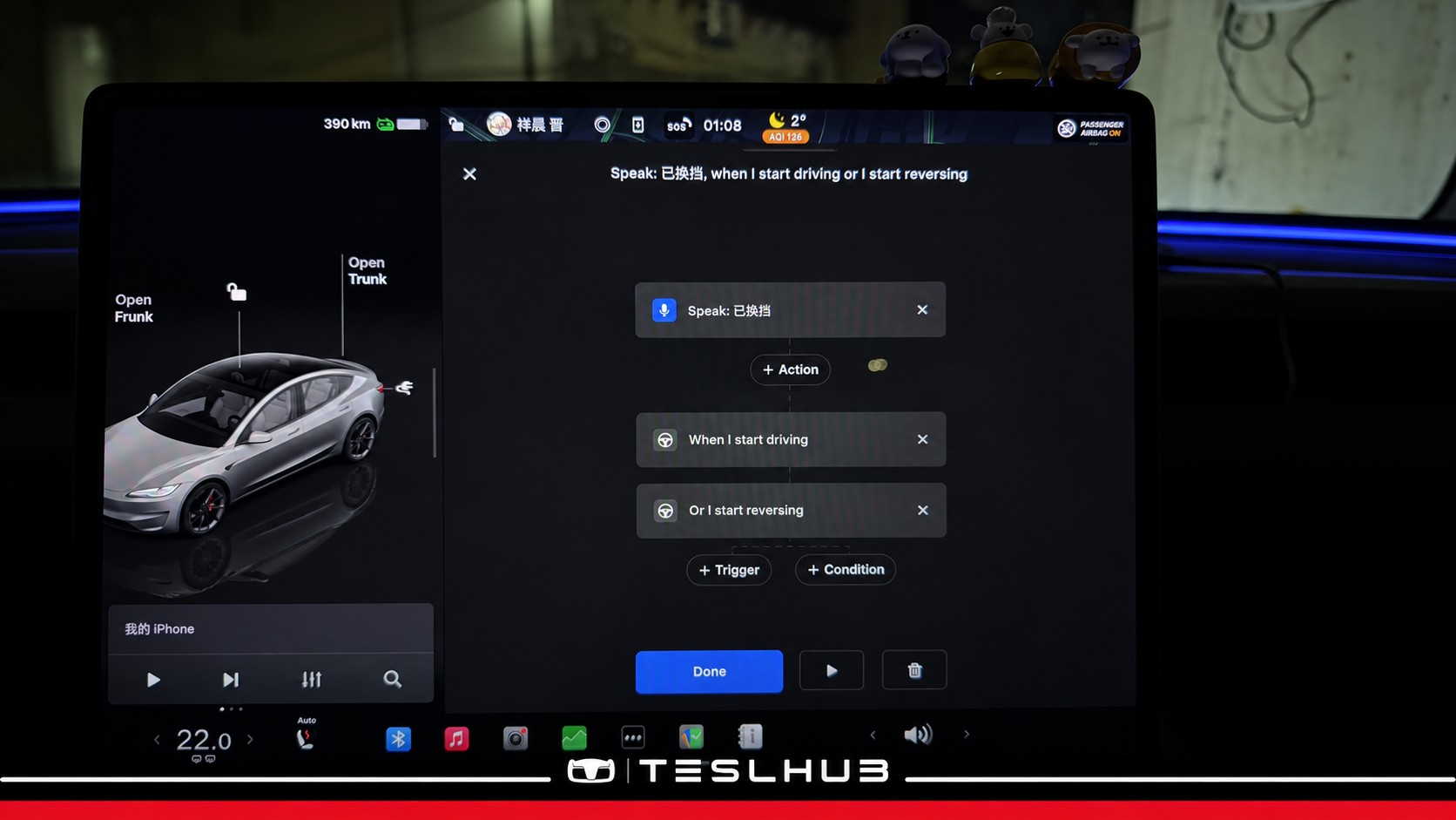 Automazioni Tesla: sequenza di eventi e azioni sul display, con logo Teslhub