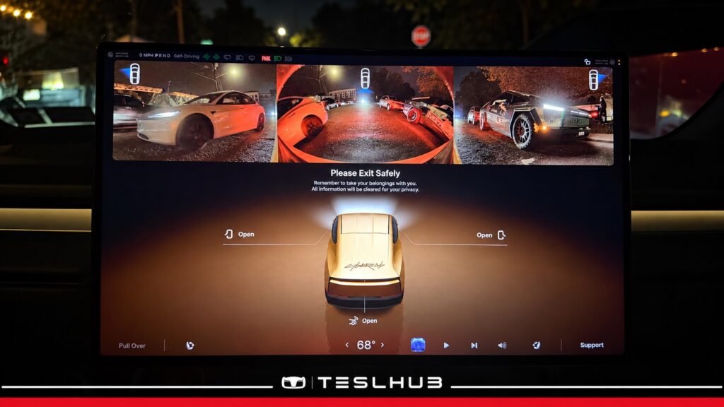 Cybercab: telecamere laterali e posteriori nella schermata di arrivo, grafica Teslhub